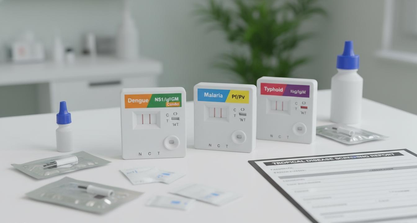 Infectious Disease Rapid Test Kit Dengue Malaria and Typhoid Combo Panels for Tropical Medicine Importers